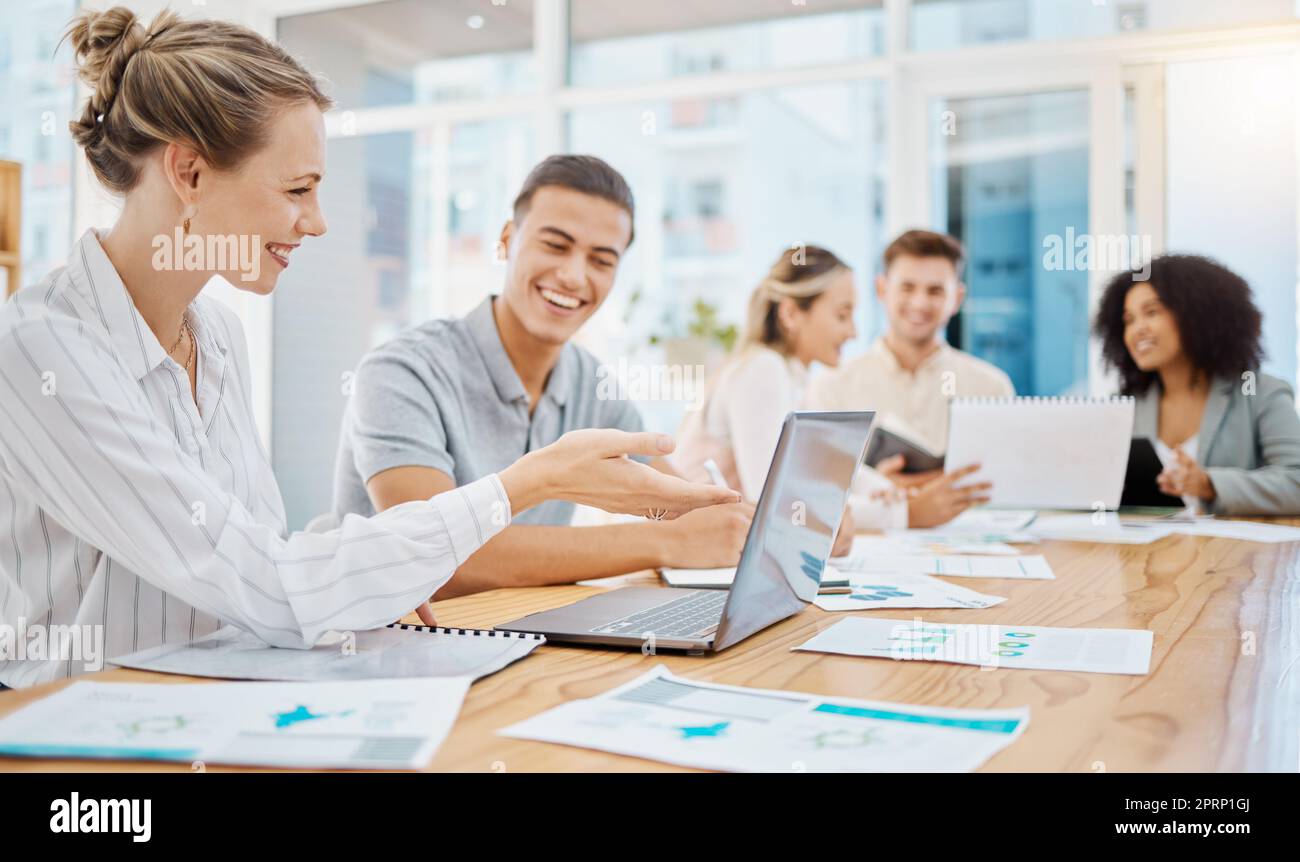 Teamwork, innovation and planning of team on laptop working on data, survey or marketing research. Collaboration, strategy and business workers brainstorming ideas, research analytics or seo growth. Stock Photo