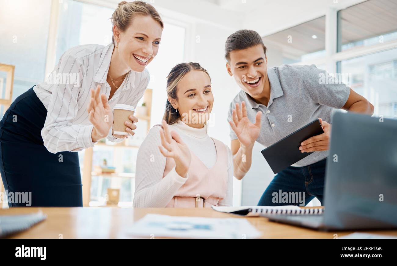 Laptop webinar, video conference and waving team for workshop training, business meeting or global zoom in office. Happy, smile or motivation from greeting people on technology tradeshow presentation Stock Photo