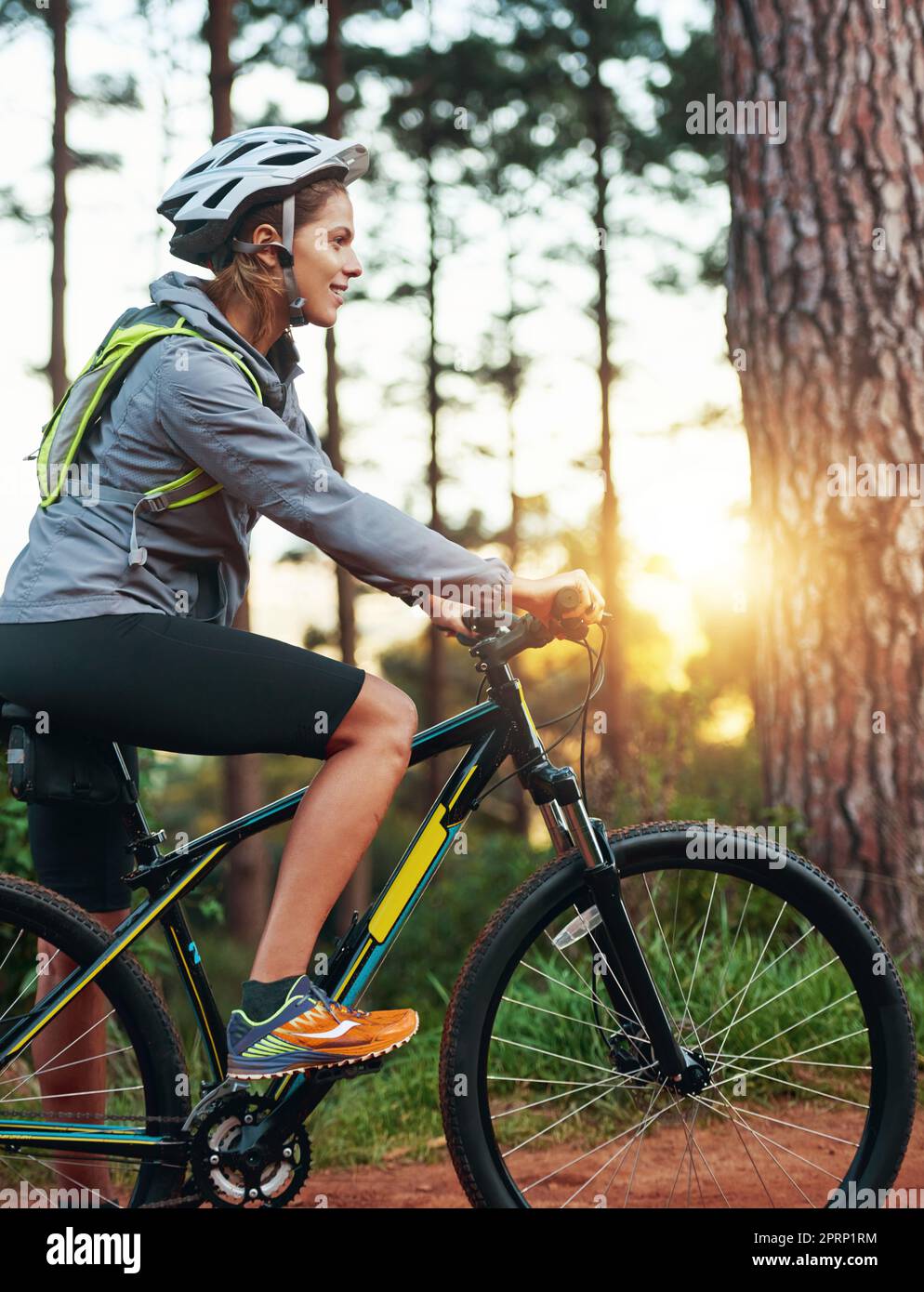 Taking her bike along the trails. a female mountain biker out for an early morning ride. Stock Photo
