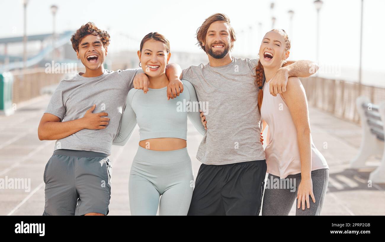 Accountability fitness group of friends portrait for outdoor training exercise or summer workout. Motivation, mission and goal of fun sports people exercise break for healthy lifestyle in urban city Stock Photo