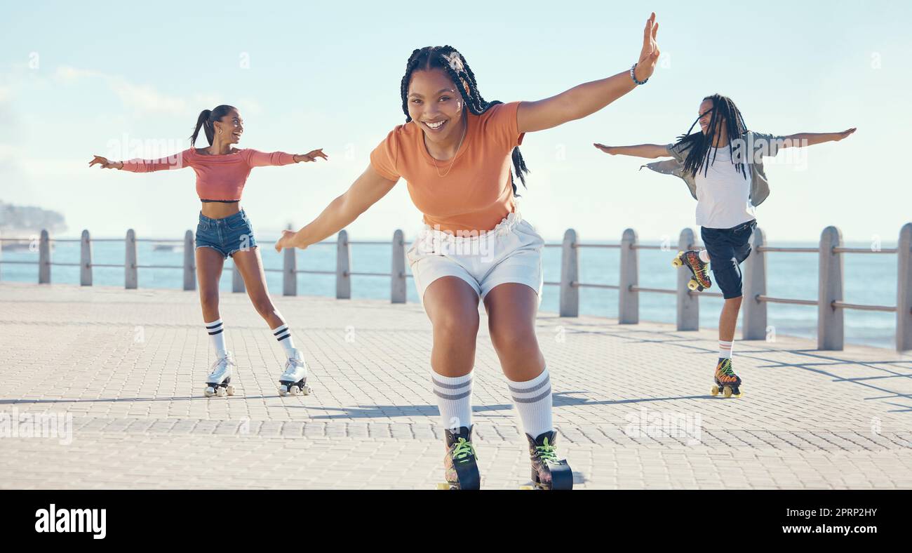 Friends, fitness and roller skating at the beach in summer as a group