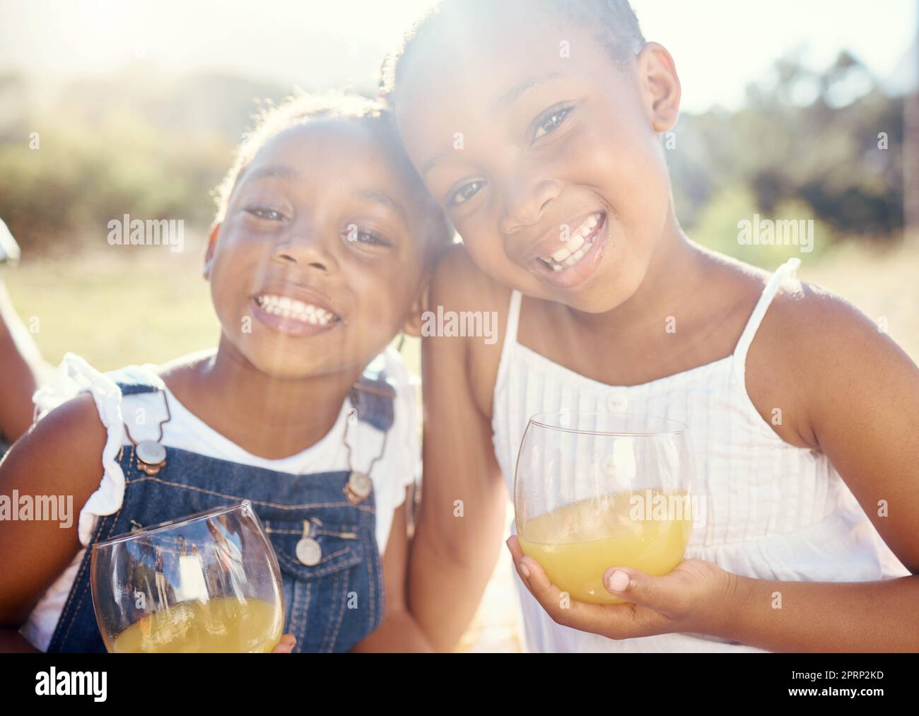 Juice, vitamin c and happy children on picnic in summer or portrait in green park, garden or outdoor holiday vacation. Youth, wellness and happy kids drinking healthy fruit drink lens flare and smile Stock Photo