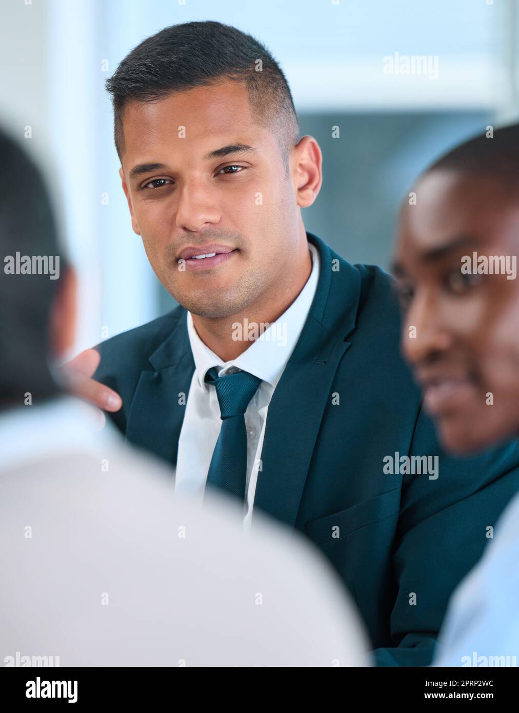 Teamwork, business man and corporate worker meeting with diversity business people for planning, innovation or strategy. Motivation, global vision or company growth mindset in office business meeting Stock Photo