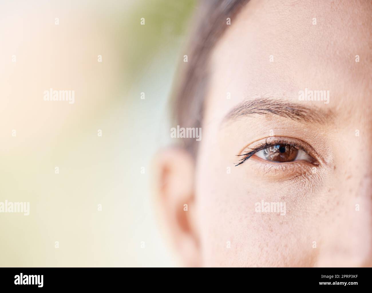 Face portrait of a woman eye thinking with mockup or blurred background with bokeh. Head of a serious or focus young female with light freckle skin, staring with brown eyes outdoors in nature Stock Photo