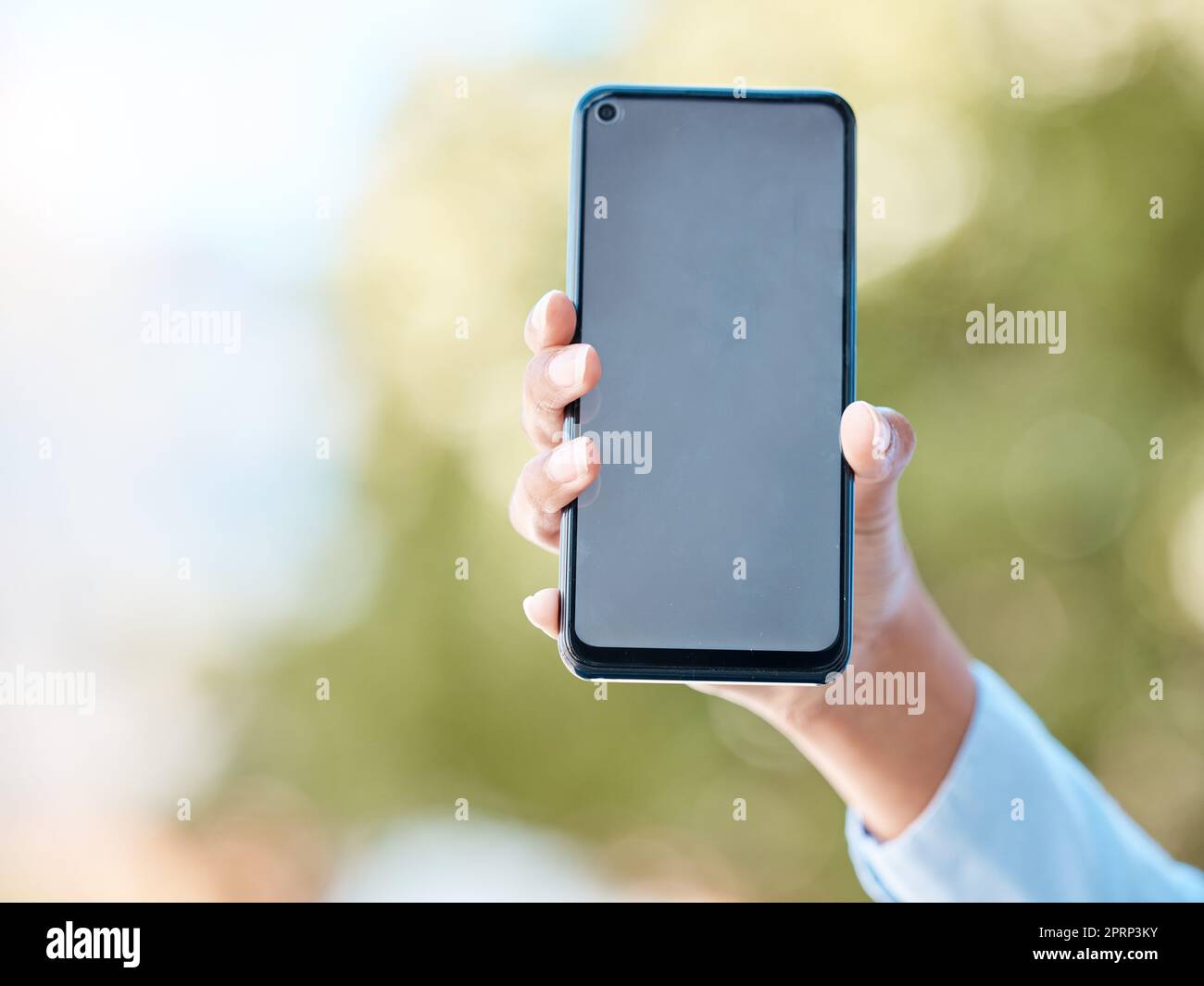 Hands, smartphone and presentation of mock up for digital app notification online with 5g tech. Person showing email, update glitch or social media communication response on blank screen. Stock Photo
