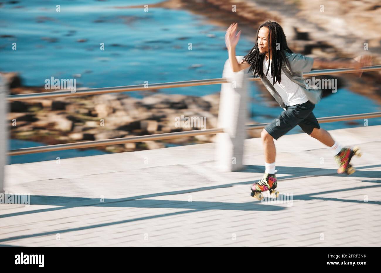 Freedom, energy and roller skating with black man training and exercise