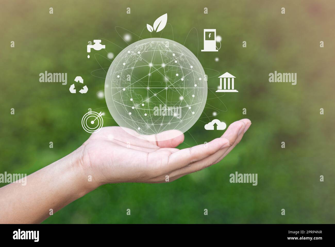 hand with environmental icons CO2 emission reduction icons global warming sustainable development and green business renewable energy clean and friendly environment concept. Stock Photo