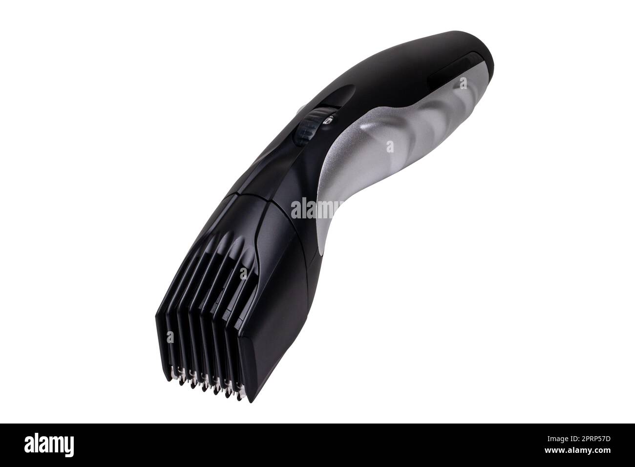 Close-up of a new black silver rechargeable beard and hair clipper isolated on a white background. Clipping path. Cordless hair and beard trimmer. Macro. Stock Photo