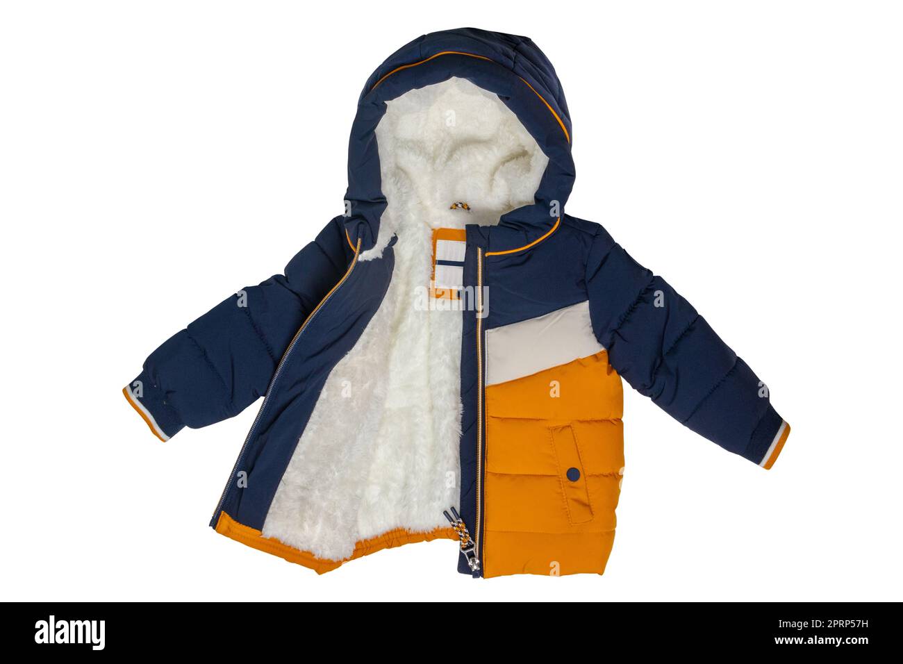 Down jacket for children. Stylish yellow blue cosy warm winter down jacket for kids isolated on a white background. Clipping path. Autumn and winter fashion. Stock Photo