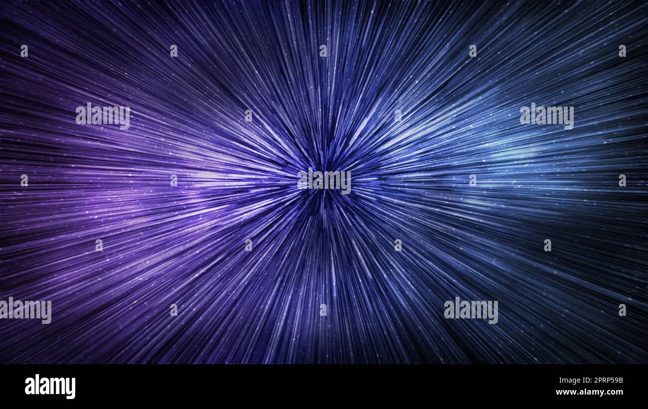 Hyperspace speed effect in night starry sky. Bright blue galaxy, horizontal background. 3d illustration Stock Photo
