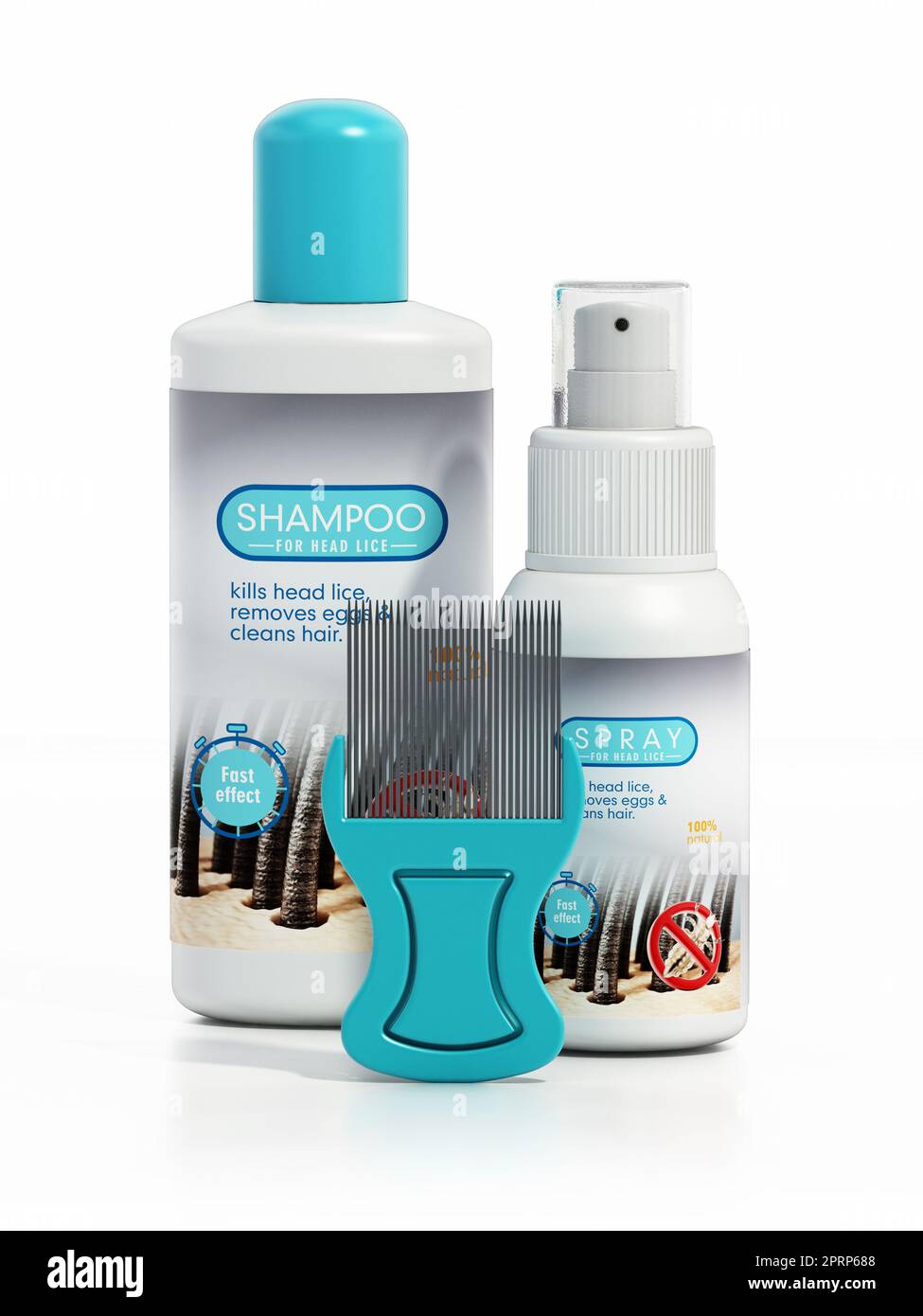 Hair lice shampoo, spray and metal lice comb isolated on white