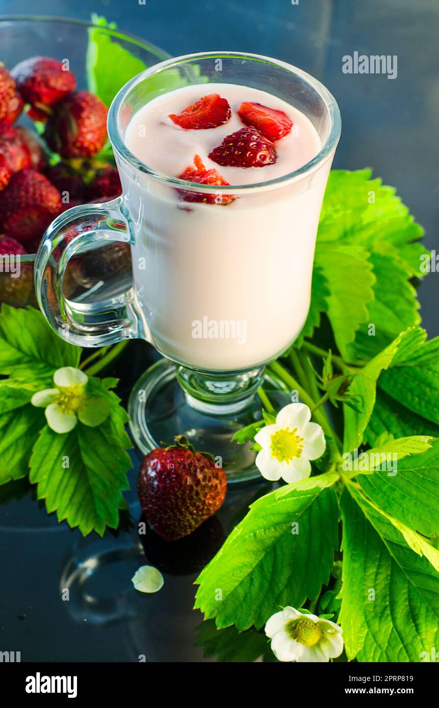 strawberry yoghurt and berries and flowers of a strawberry on a dark