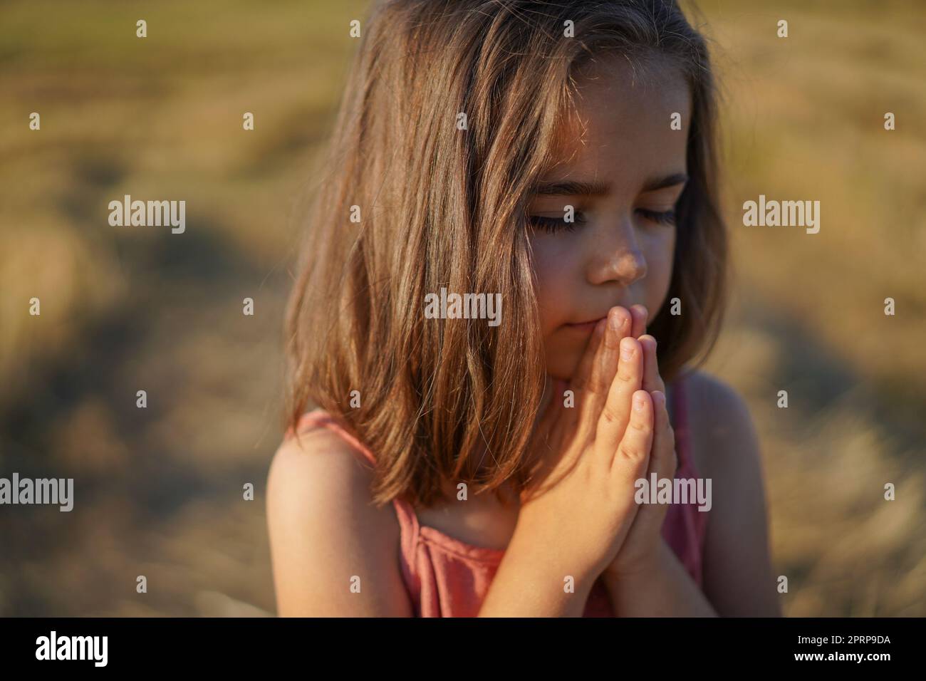 Little Girl closed her eyes, praying in a field. Hands folded in prayer ...