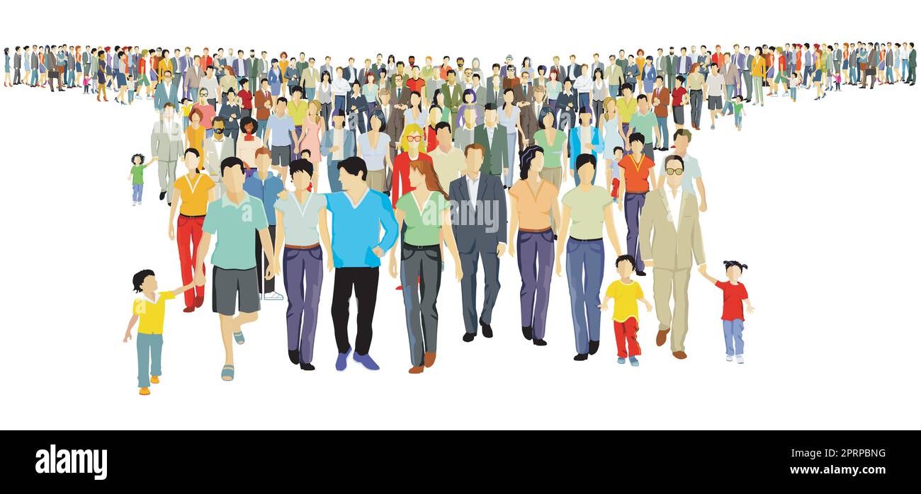 People and families gather together and protest on the street isolated on white background. illustration Stock Vector