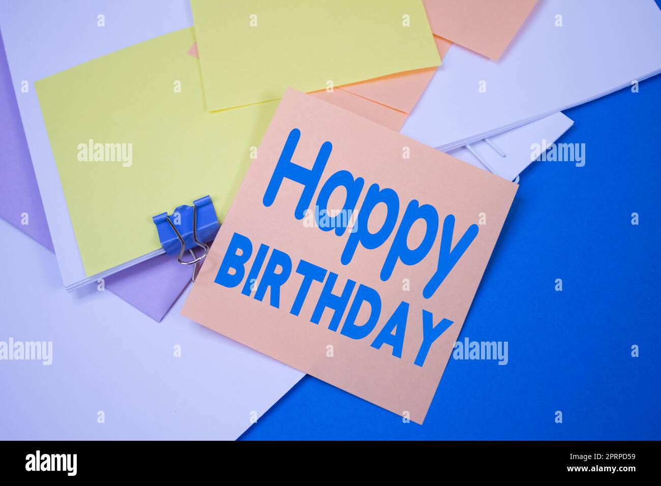 Happy Birthday. Text on adhesive note paper. Event, celebration