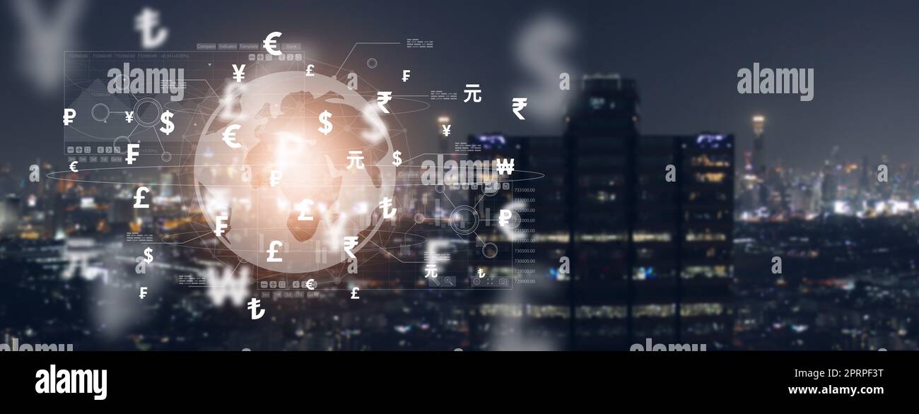 Global Finance Technology: Currency Exchange, Money Transaction or Movement, Fintech, Cryptocurrency, Electronic Money, Cashless Payments, and Modern Stock Photo