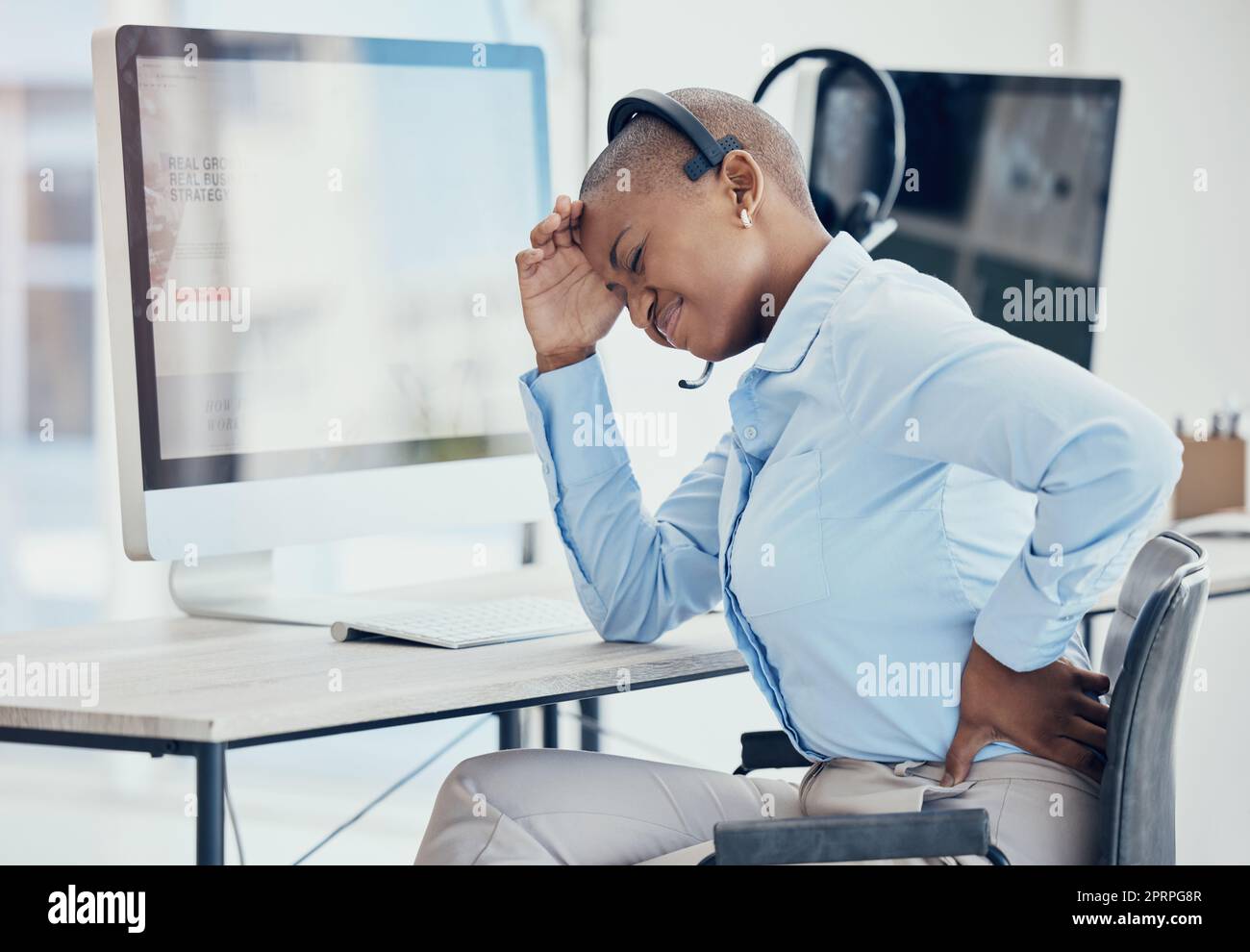 Black woman, backache and stress in call center with consultant