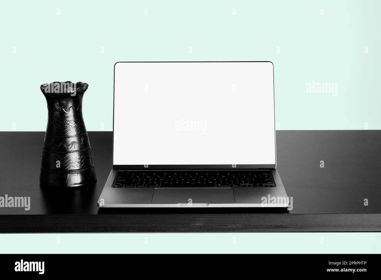 Paired Computer Background Laptop Mockup on black wooden table with changeable desktop background ...