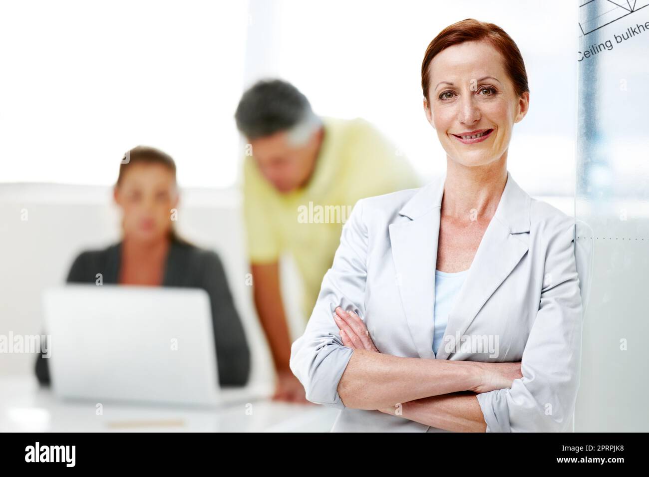 Shes an expert in the architectural field. A mature female architect standing confidently with her colleagues in the background. Stock Photo