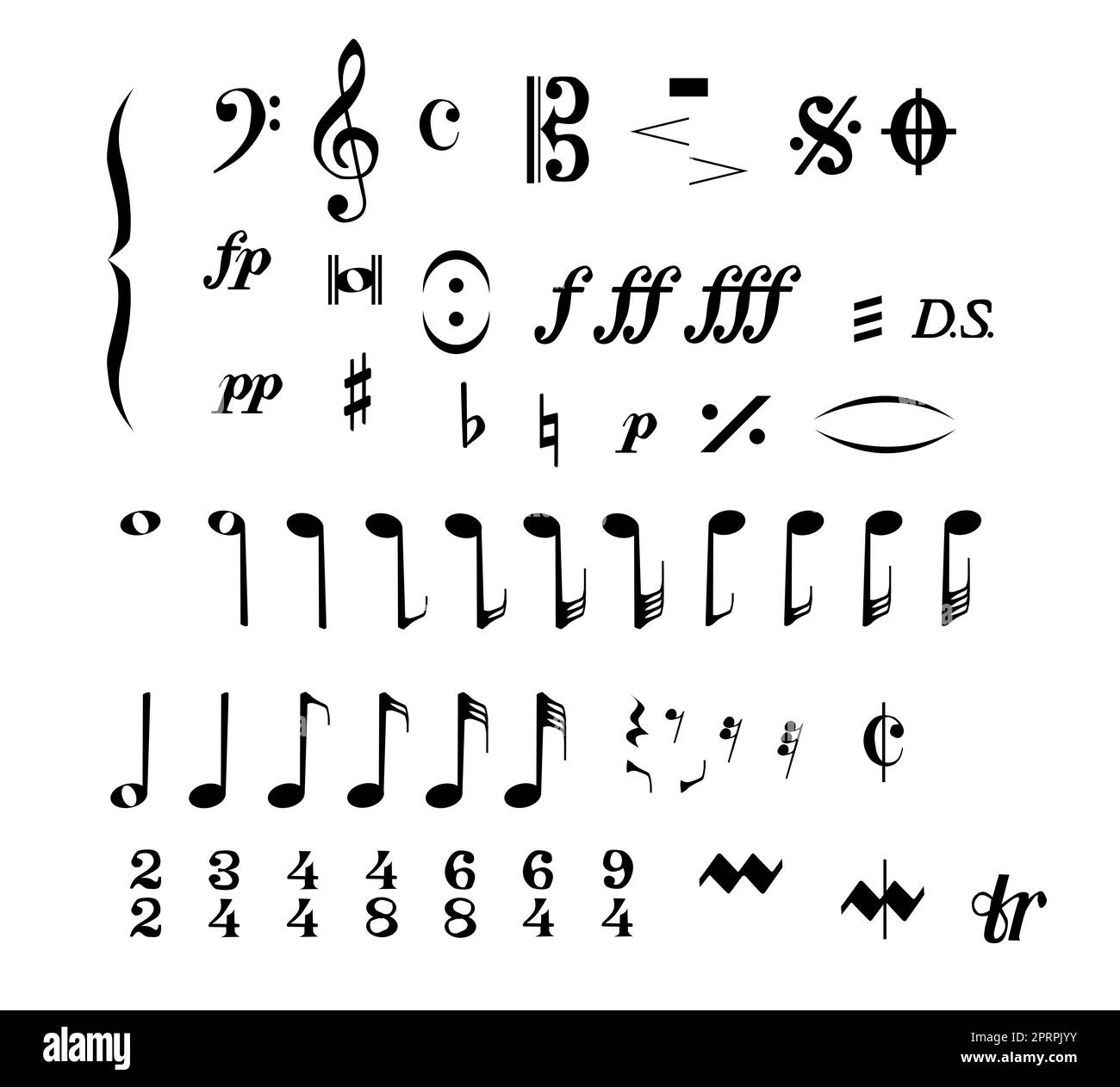 A collection of musical notes and symbols isolated on a white background Stock Photo