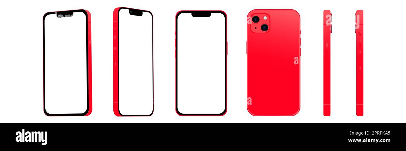Set of 6 pcs different angles, Red smartphone 14 models, new IT industry, mockup for web design on a white background - Vector illustration Stock Photo