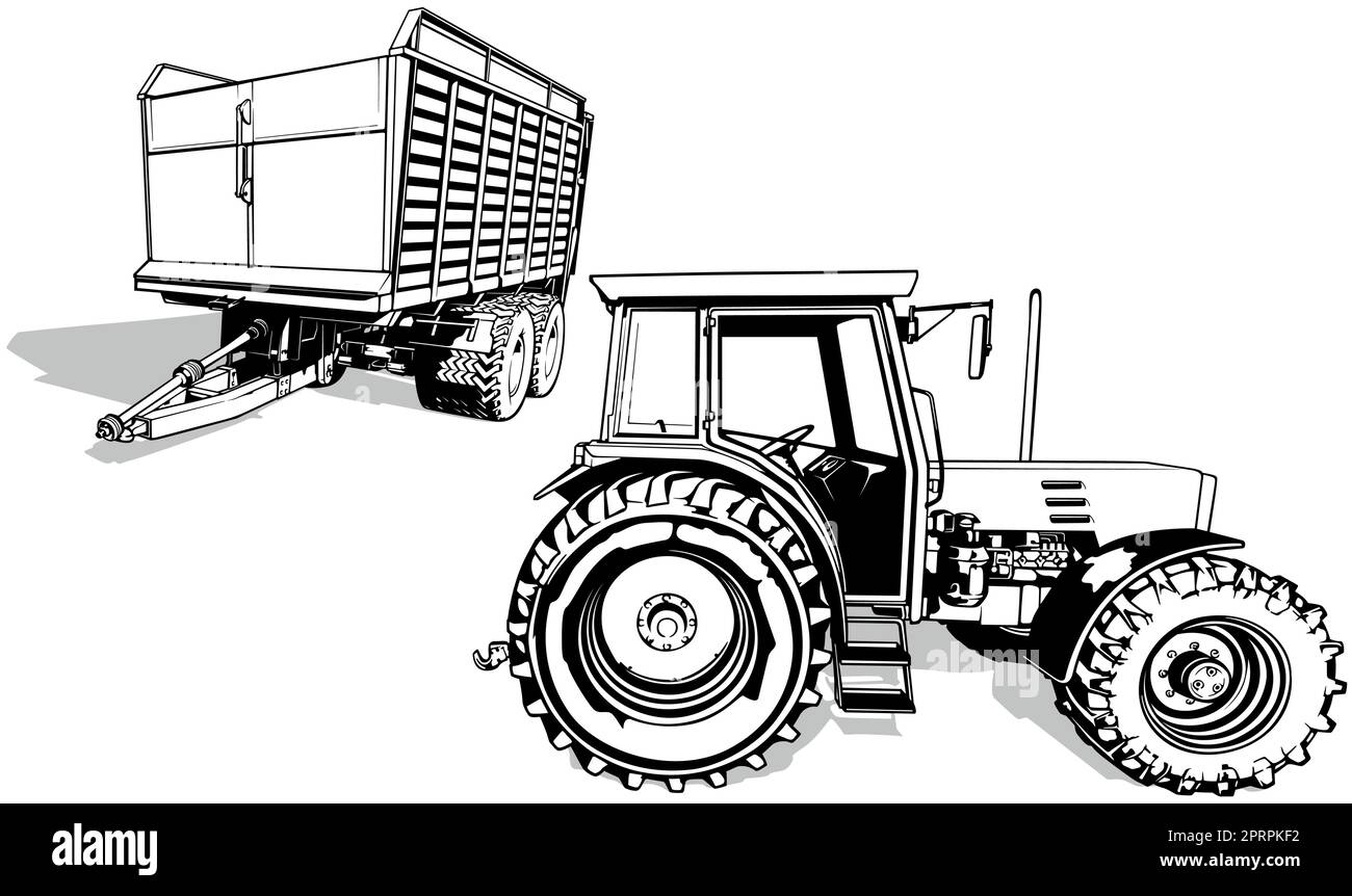 Drawing of the Agricultural Tractor with a Trailer Stock Vector
