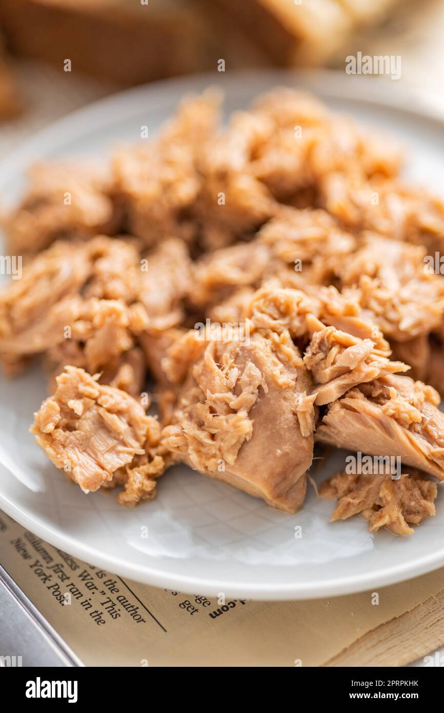 Canned tuna fish on the plate Stock Photo Alamy