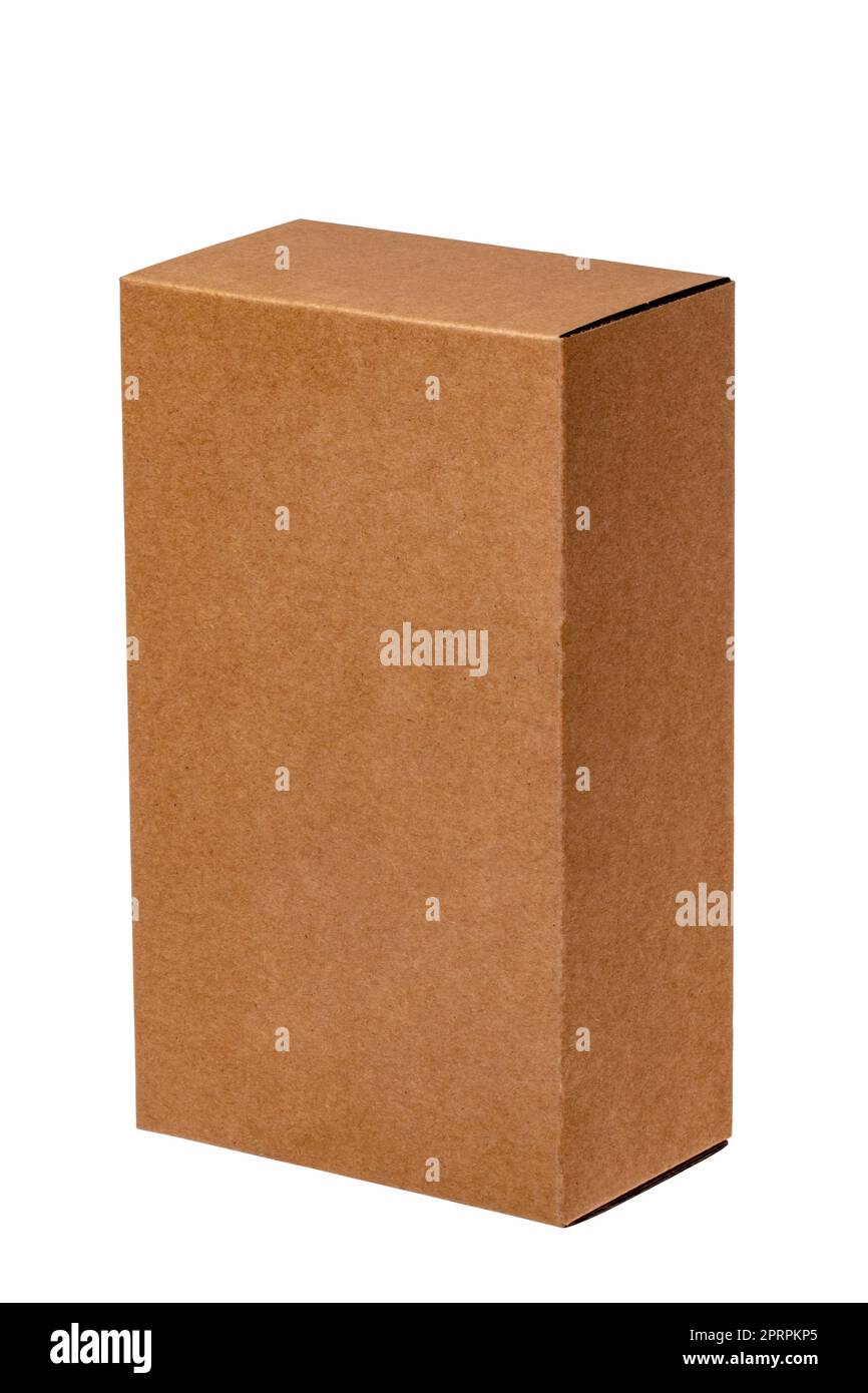 Closed brown cardboard box or kraft paper box with clipping path isolated on white background. Suitable for packaging. Macro. Stock Photo
