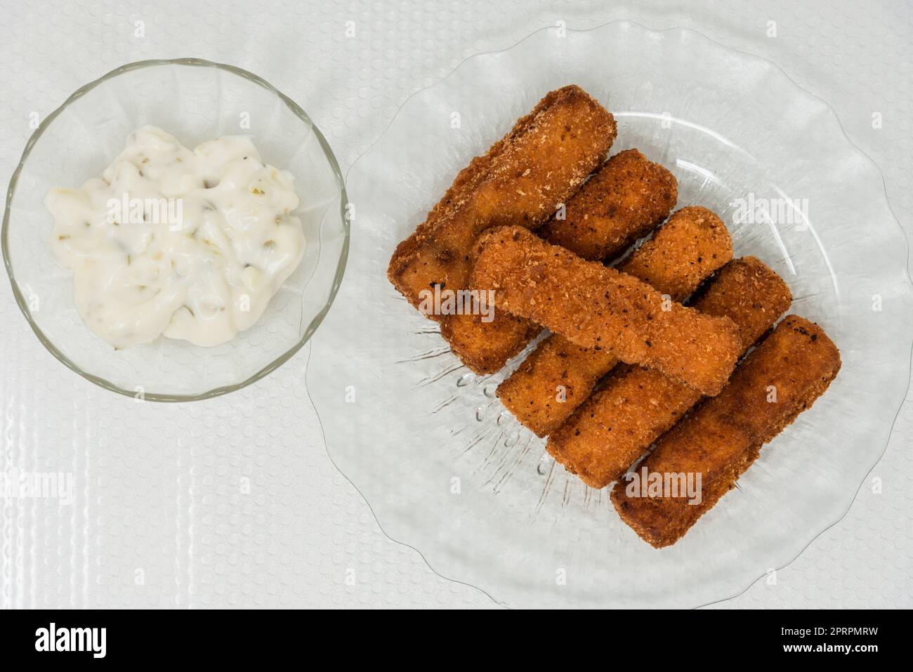 Fish fingers, fish sticks, tartar sauce, Stock Photo