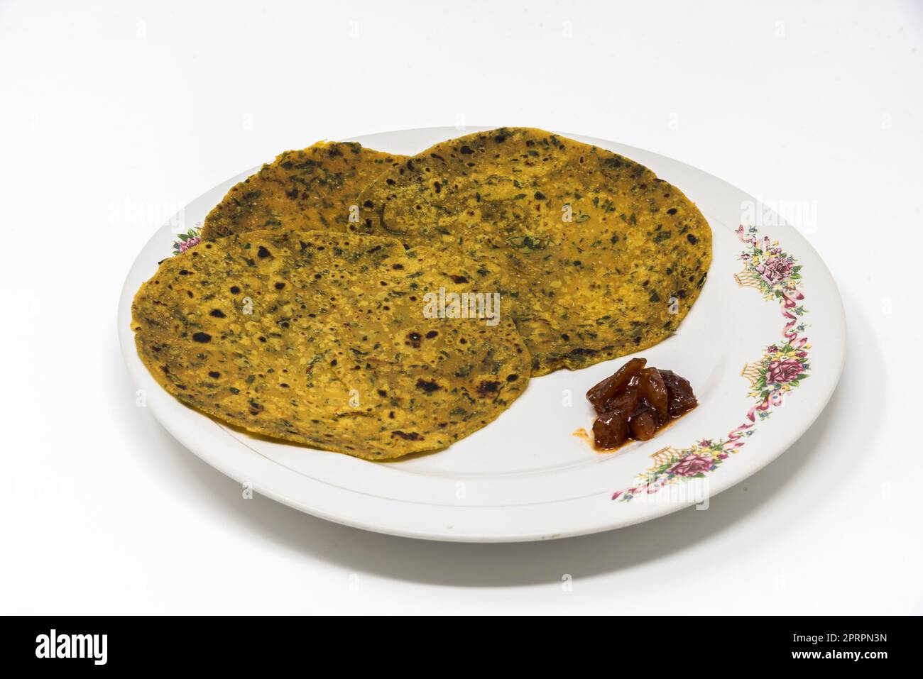 thepla, methi thepla, Fenugreek roti, rotli, flatbread, mango pickle Stock Photo