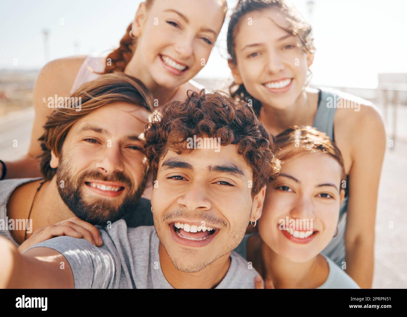 Selfie, fitness and group of friends happy and excited to start a workout, exercise and training together as a team. Summer, smile and portrait of smiling men with woman living a healthy lifestyle Stock Photo