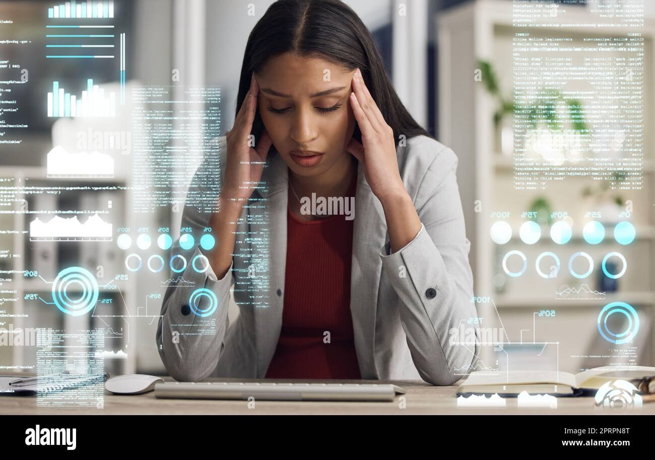 Headache, finance and mental health working on business woman with stress, anxiety and frustrated while busy on her computer desk. Crypto trader overwhelmed, depressed and unhappy due to a migraine Stock Photo
