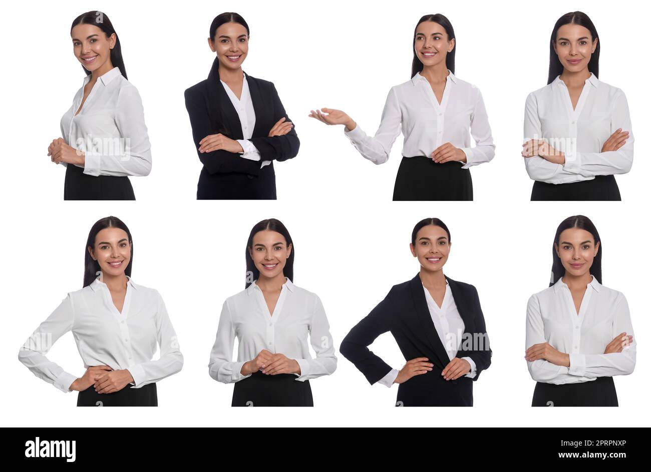 Collage with photos of hostess in uniform on white background Stock