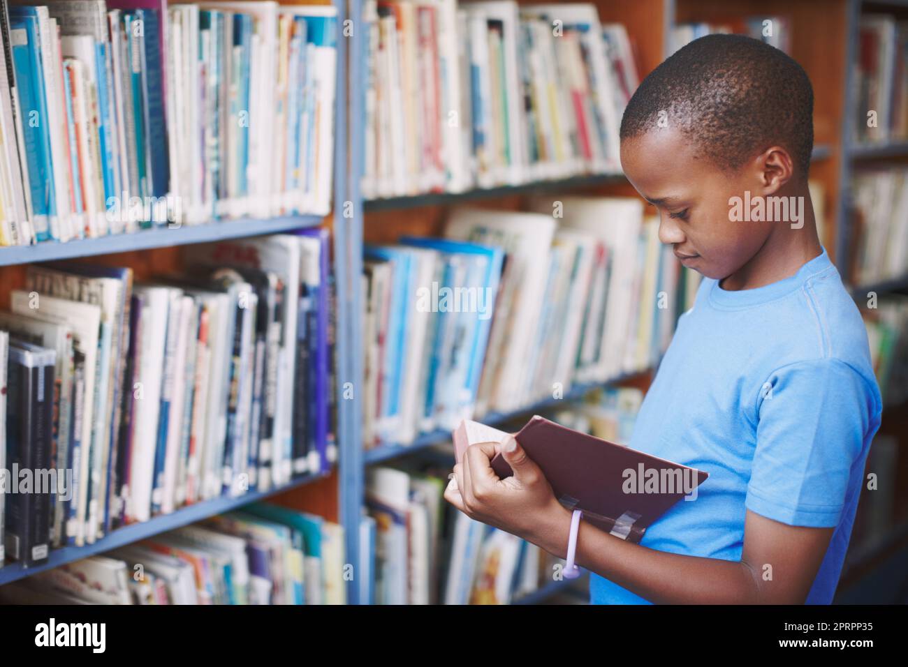 Libraries are a great place for creative minds. An african american boy enjoying a good book at the library. Stock Photo