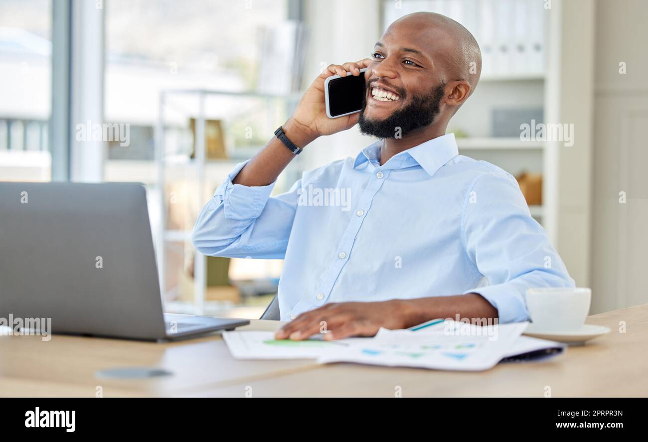 Business black man talking phone call, happy communication and conversation in modern office. Smile, vision and creative african designer, entrepreneur and job worker speaking, discussion and mobile Stock Photo