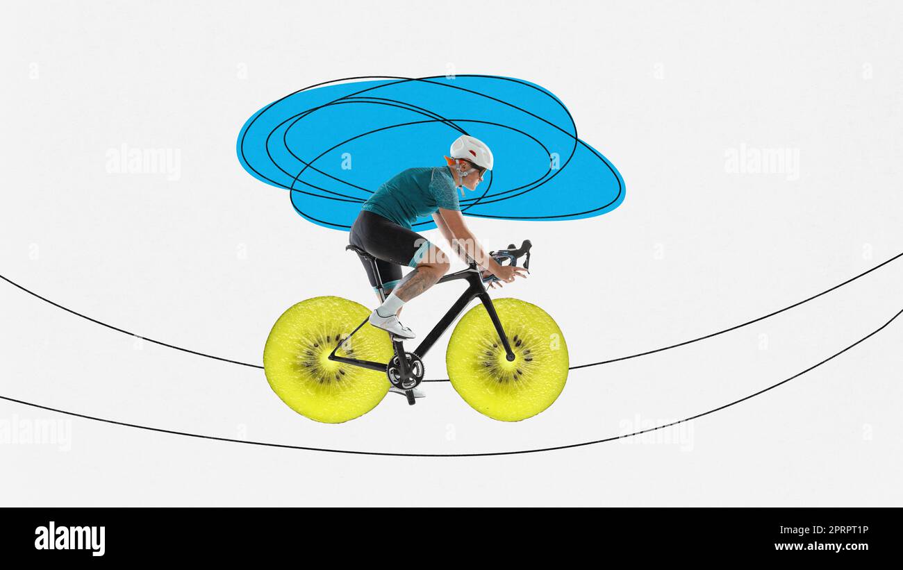 Contemporary art collage with young sporty man riding on bicycle