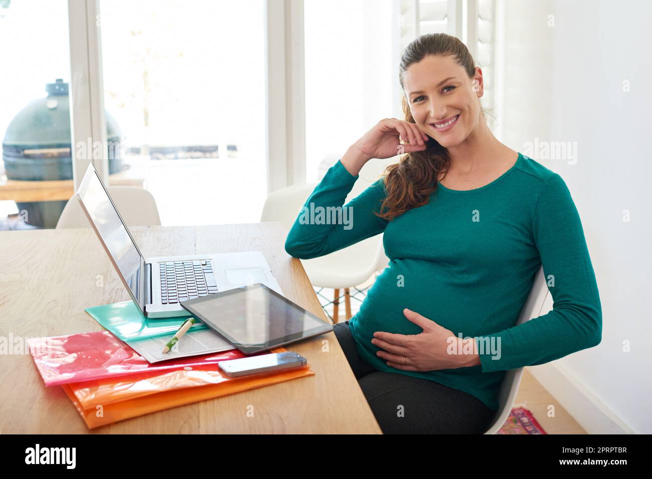 Happy Pregnant Woman Using Laptop on Chair Stock Image - Image of