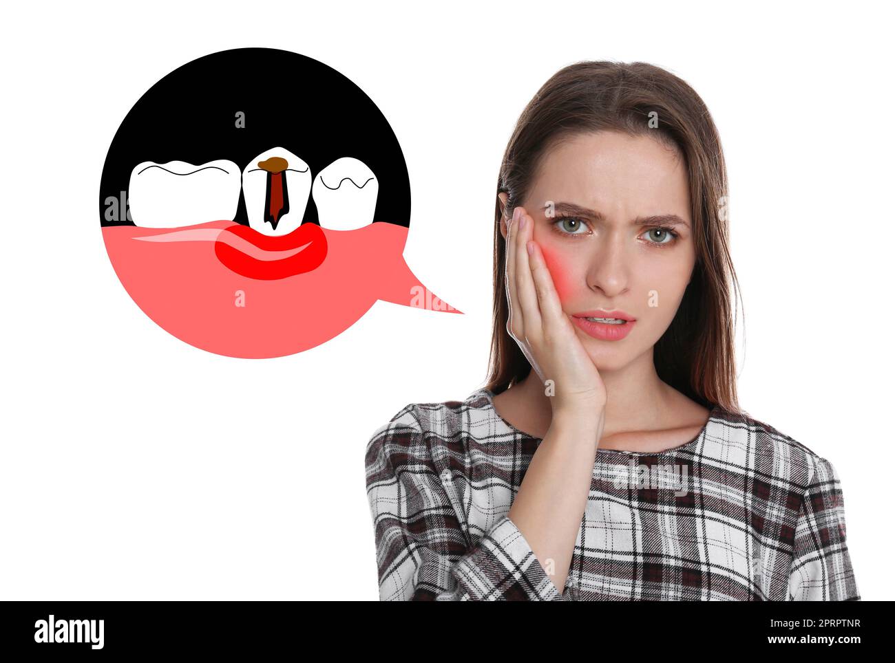 Young woman suffering from toothache on white background Stock Photo