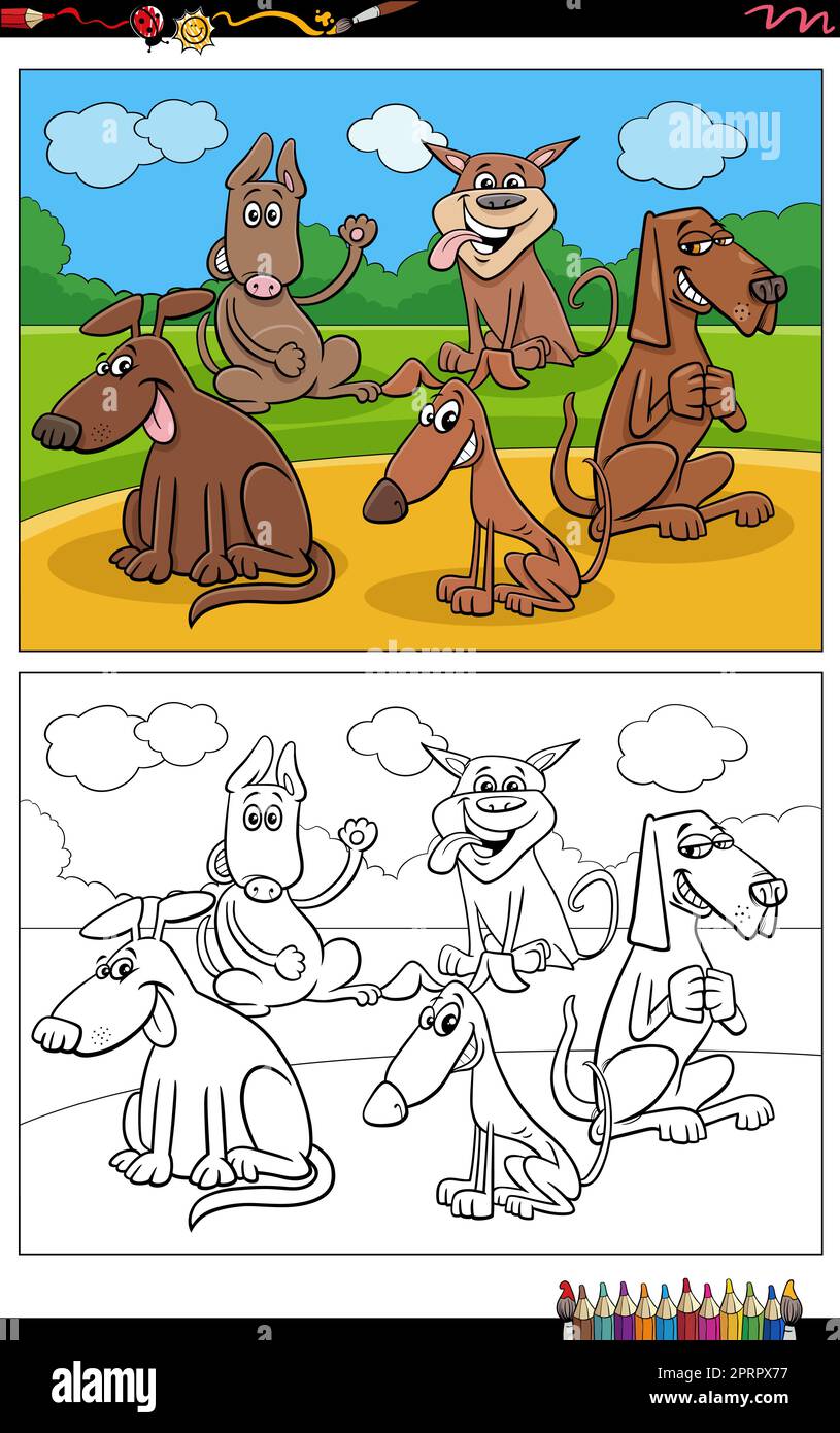 funny cartoon dogs animal characters group coloring page Stock Vector ...
