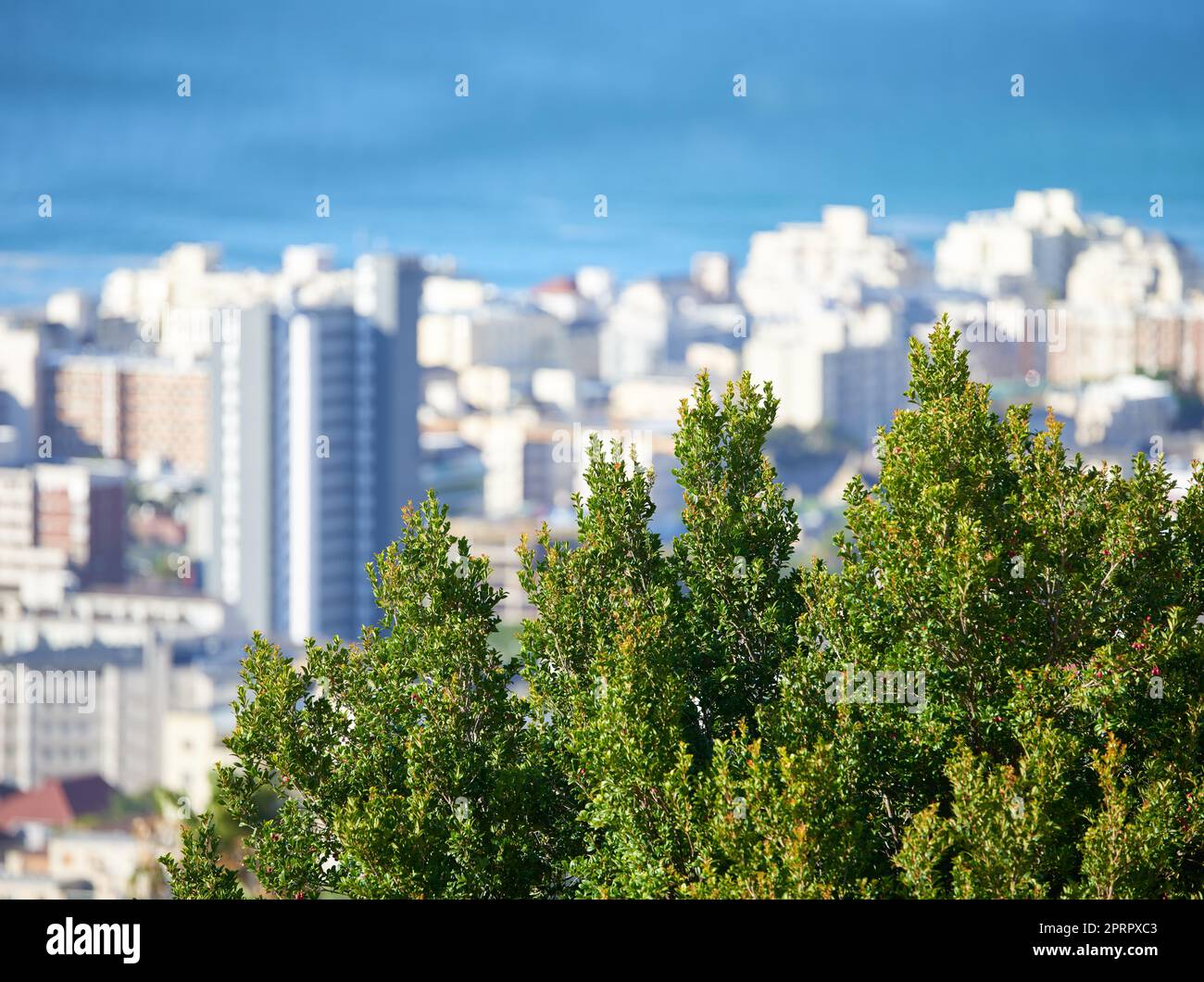 Take a vacation in paradise. a city on the coastline with mountains surrounding it. Stock Photo
