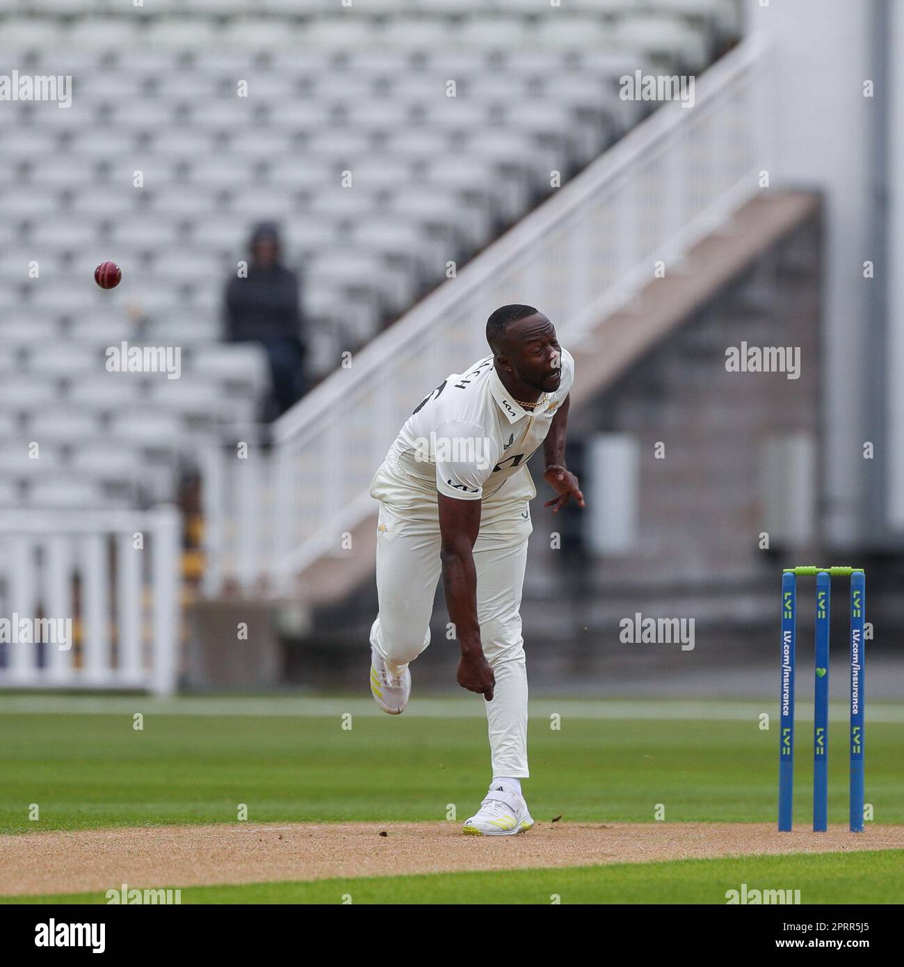 Edgbaston, Birmingham, UK on 27 Apr 2023 at Edgbaston Stadium. Pictured is: Kemar Roach , opening bowler for Surrey during Day 1 of play in the LV= Insurance County Cup game between Warwickshire County Cricket Club & Surrey  Image is for editorial use only, credit to Stu Leggett via Alamy Live News Stock Photo