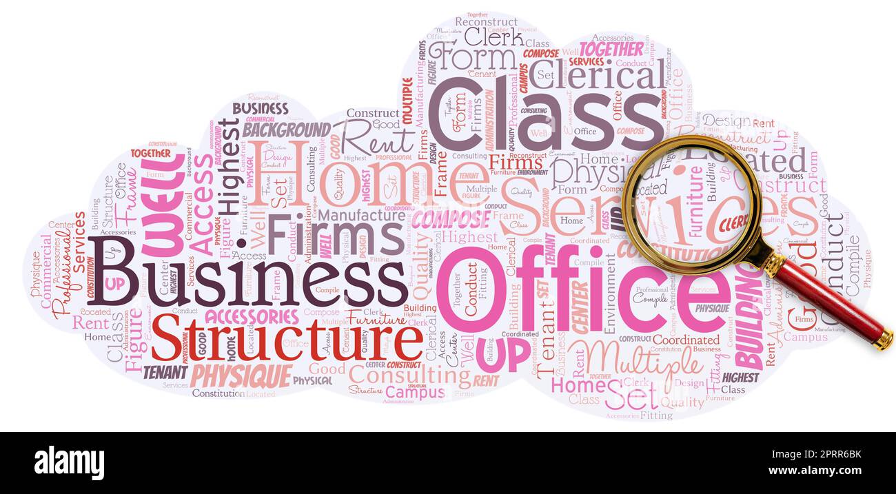 Big word cloud with magnifying glass with words home office Stock Photo Alamy