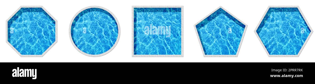 Set with swimming pools of different shapes on white background, top ...