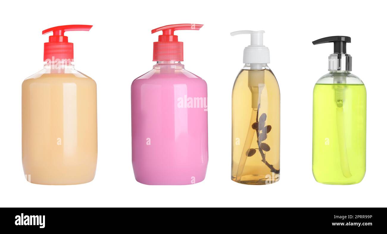Set with different bottles of liquid soaps on white background Stock Photo