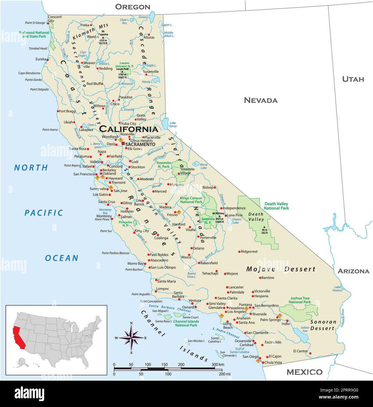 Highly detailed physical map of the US state of California Stock Vector