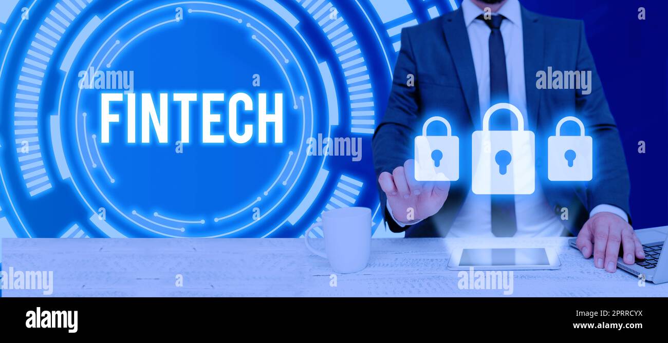 Writing displaying text Fintech, Word for the integration of technology into offerings by financial services Man With Laptop And Pad Pressing On Secur Stock Photo