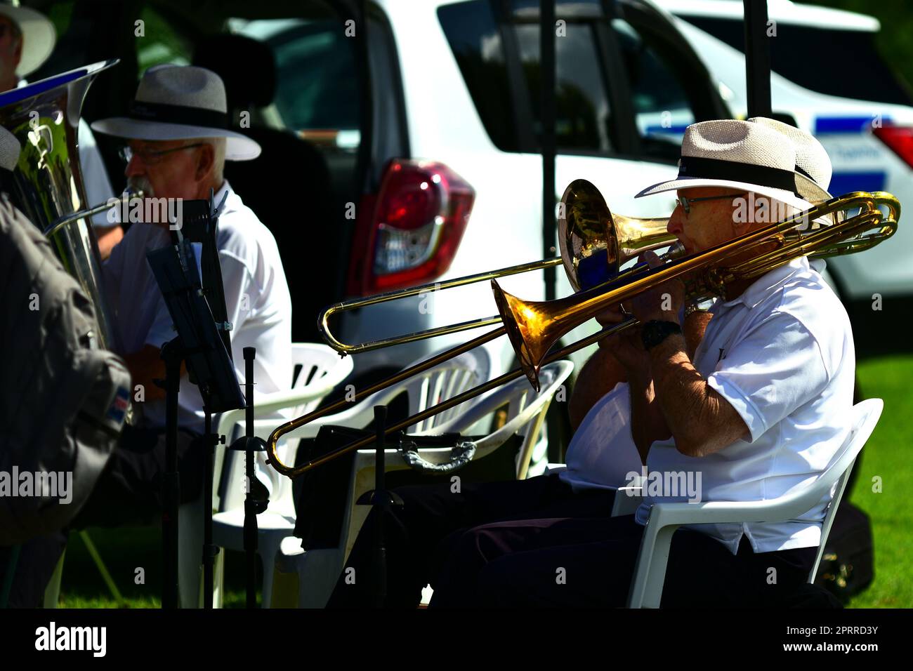 Auckland, New Zealand - Mar 2023. A music wind band performing in a public park. Stock Photo