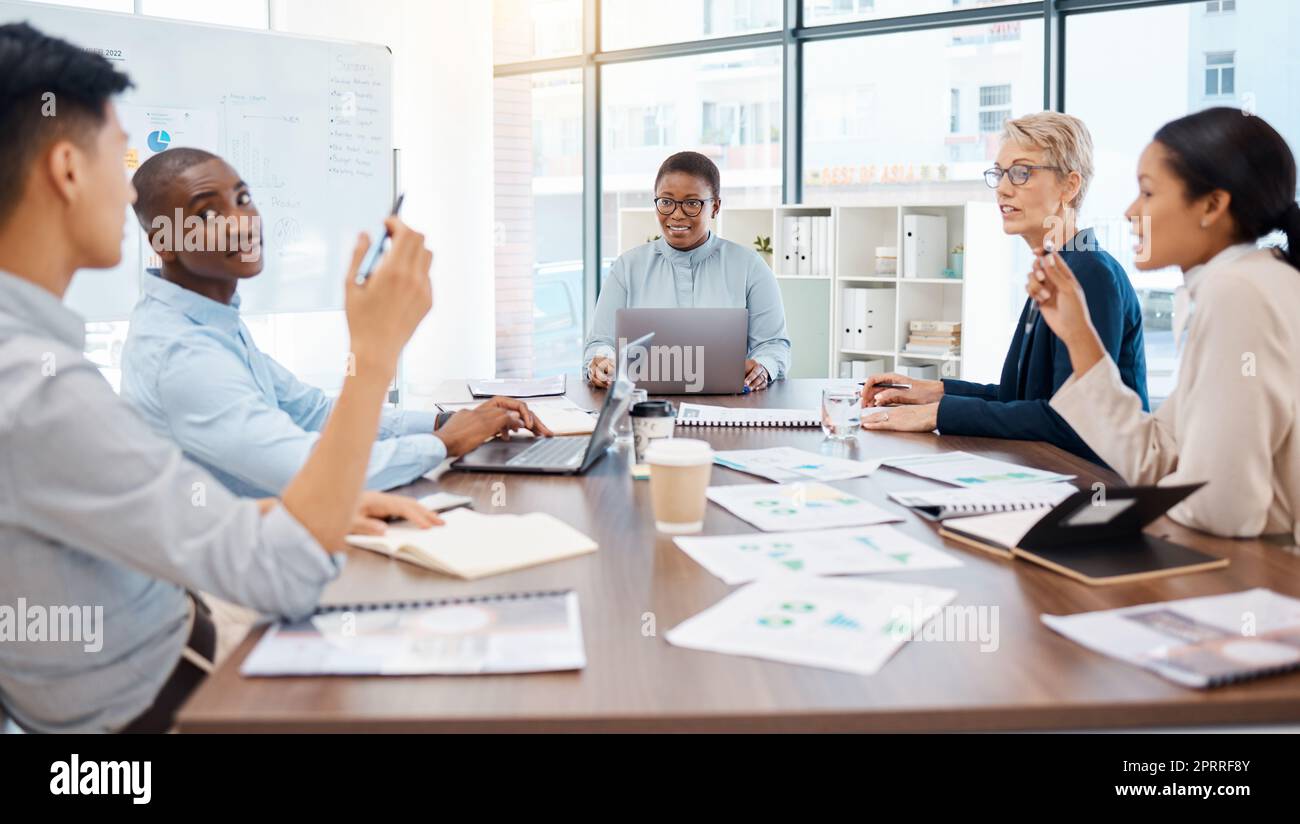 Business meeting, collaboration or teamwork diversity in office boardroom, company or startup with paper and documents. Men, women or people in global strategy, innovation or motivation communication Stock Photo