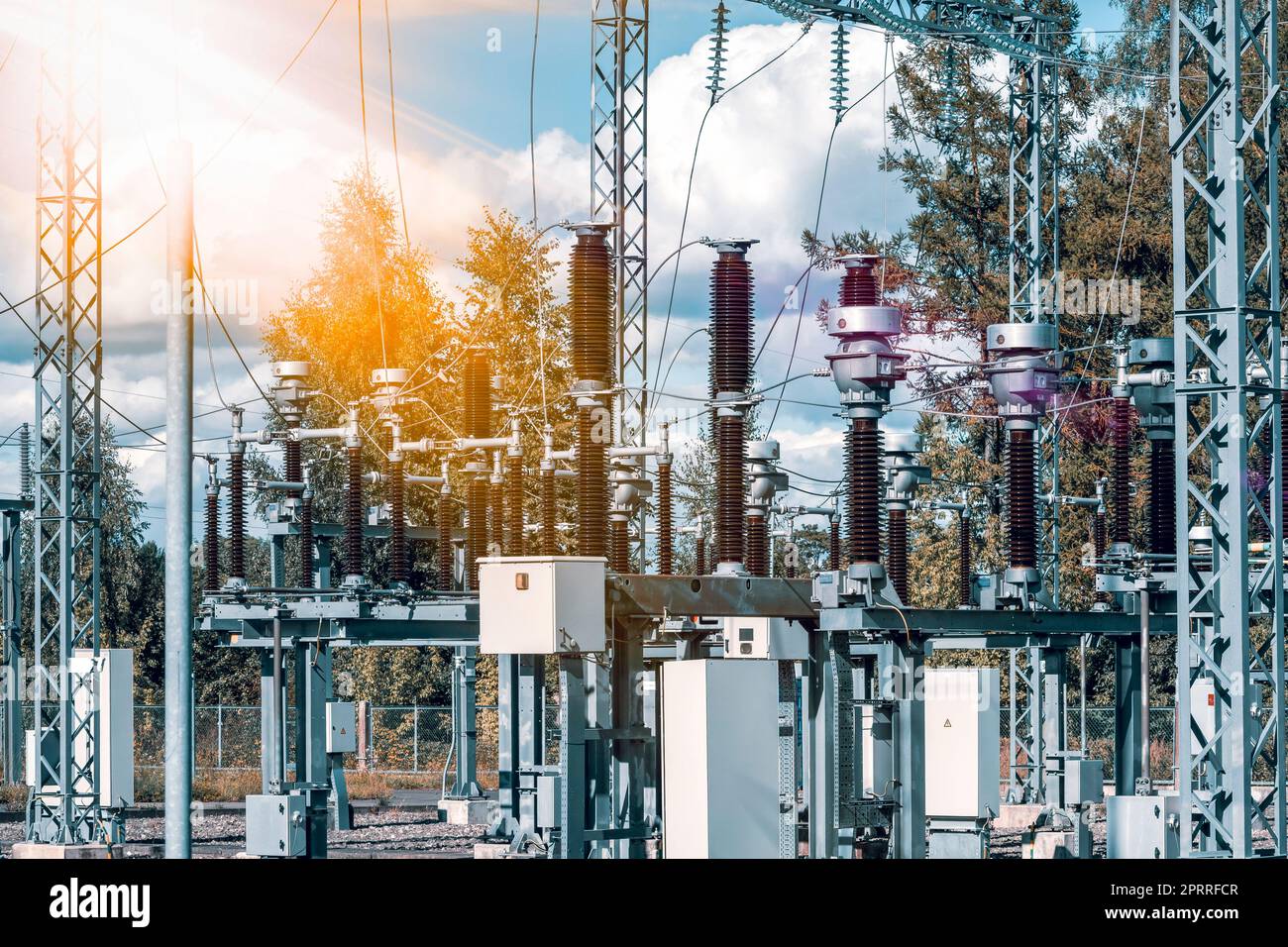 High voltage power transformer substation Stock Photo