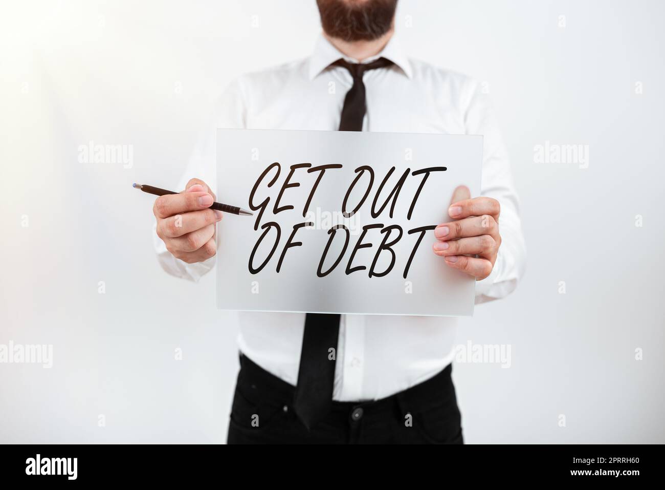 Text showing inspiration Get Out Of DebtNo prospect of being paid any more and free from debt. Business concept No prospect of being paid any more and free from debt Stock Photo